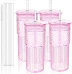 Luiaiog 20oz Glass Cups with Lids and Straws - Set of 4 Reusable Tumblers, Thickened Shatter-Resistant Glass, Ideal for Iced Coffee, Smoothies, Cocktails, Juices - Elegant & Durable Drinkware (Pink) by Luiaiog