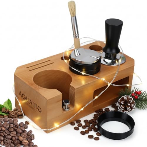 Espresso Tamping Station With Tools - 58mm - Includes Tamper, Distributor, Dosing Funnel & Brush - Wooden Coffee Tamper Station - Espresso Organizer & Portafilter Holder, Best Gift for Coffee Lovers by AquatiQ