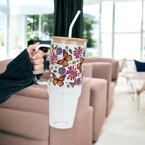 Sip-Sip Hooray! Monarch Butterfly 40oz Glass Tumbler with Lid and Straw - Image 2