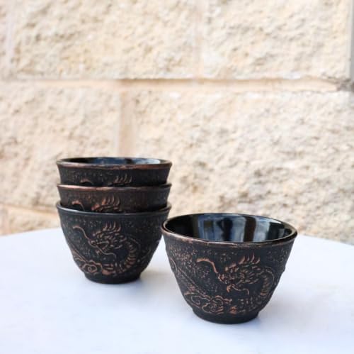 Ebros Gift Pack Of 4 Japanese Traditional Tetsubin Style Textured Surface Cast Iron Tea Cups Teacups Drinkware Tea Service Far East Decorative Accent (Bronze Oriental Dragon) by EbrosGift