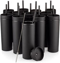STRATA CUPS Black Skinny Tumblers with Lids and Straws (12 pack) - 16oz Double Wall Acrylic Tumbler, Tall Matte Skinny Tumblers, Bulk with Free Straw Cleaner, Reusable Cups by STRATACUPS