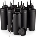 STRATA CUPS Black Skinny Tumblers with Lids and Straws (12 pack) - 16oz Double Wall Acrylic Tumbler, Tall Matte Skinny Tumblers, Bulk with Free Straw Cleaner, Reusable Cups by STRATACUPS