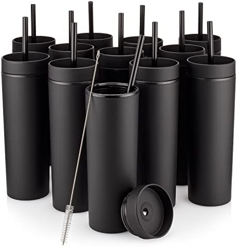 STRATA CUPS Black Skinny Tumblers with Lids and Straws (12 pack) - 16oz Double Wall Acrylic Tumbler, Tall Matte Skinny Tumblers, Bulk with Free Straw Cleaner, Reusable Cups by STRATACUPS