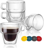 Clear Glass Coffee Mugs with Silicone Button Coasters - Insulated Espresso Cups Set of 4 - Double Walled Espresso Glasses for Tea & Coffee Bar Accessories - Double Wall Cappuccino Cup Set (12 oz) by Goodscious
