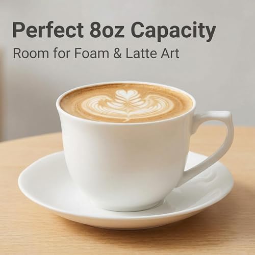 8 Ounce Porcelain Cappuccino Cups with Saucers - Set of 4, Perfect for Specialty Coffee Drinks, Latte, Cafe Mocha and Tea, Ivory White - Image 3