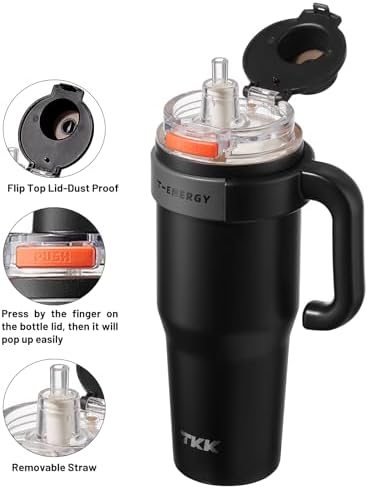 TKK 40 oz Insulated Tumblers with Handle and Straw, Stainless Steel Travel Mug with Ceramic Coating, Leak Proof Double Walled Iced Coffee Cup with Strainer for Hot & Cold Drinks, Black - Image 2