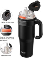 TKK 40 oz Insulated Tumblers with Handle and Straw, Stainless Steel Travel Mug with Ceramic Coating, Leak Proof Double Walled Iced Coffee Cup with Strainer for Hot & Cold Drinks, Black - Image 2
