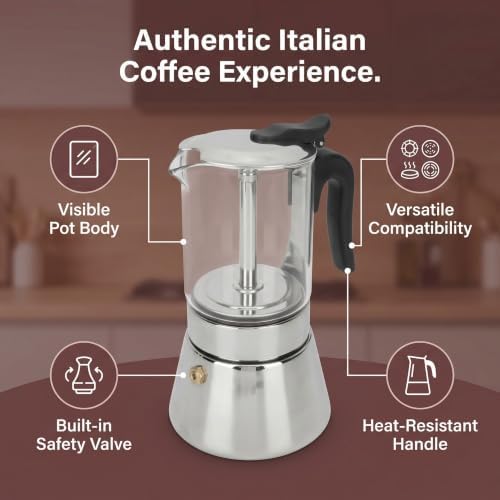 Jiawu Pot, Classic Stovetop Espresso Maker, Stainless Steel Italian and Cuban Coffee Maker, Premium Crystal Glass Top Espresso Pot, Easy to Operate & Quick Cleanup (240ml) - Image 3