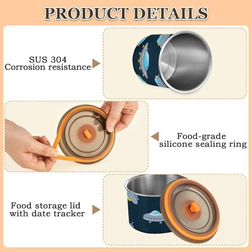 Cartoon Cute Blue-gray Spaceship Designed Food Containers With Lids Stainless Steel Containers For Food Storage Push Button Coffee Canister - Image 5