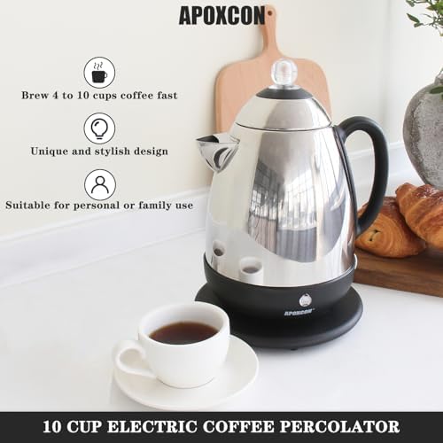 APOXCON Electric Coffee Percolator Stainless Steel Keep Warm-10 Cup Silver - Image 3