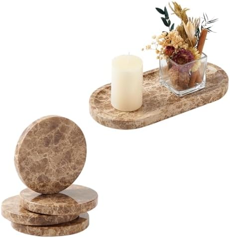 Natural Marble Serving Tray (9.8x4.7 Inch) & Marble 4 Coasters Set - Elegant Table Decor for Living Room and Coffee Table, Modern Home Accessories, Gift for Housewarming by STAVORAE