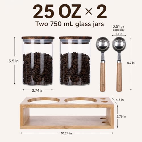 KKC HOME ACCENTS 2 Glass Coffee Canister Set with Bamboo Rack & Scoops-25oz - Image 2
