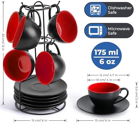 MIAMIO - Set of 6, Ceramic Stackable Cappuccino Cups Set / 6 Ounce Cappuccino Mugs and Saucer with Metal Stand for Coffee Drinks, Cafe, Latte, Americano and Tea - Le Papillon Collection (Red) - Image 2