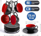 MIAMIO - Set of 6, Ceramic Stackable Cappuccino Cups Set / 6 Ounce Cappuccino Mugs and Saucer with Metal Stand for Coffee Drinks, Cafe, Latte, Americano and Tea - Le Papillon Collection (Red) - Image 2