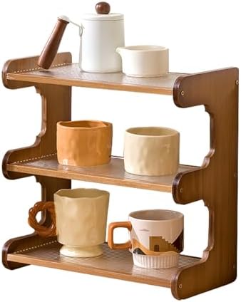 Wooden Mug Display Holder, Bamboo Wood Coffee Mug Organizer Countertop, Counter Shelf for Tea Coffee Bar Accessories, Matcha Stand, Kitchen Condiment Storage Rack,3tier,13.78IN by Unknown