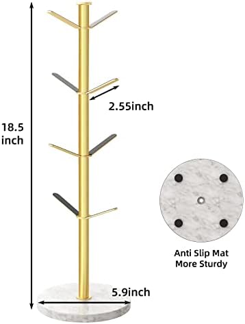 Gypie Gold Mug Holder Tree with Marble Base, 8 Hooks Standard Coffee Cups - Image 6