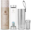 Almeara Crystal Water Bottle with Authentic Aquamarine Stones and Clear Quartz Removable Gemstones, Loose Leaf Tea Infuser - Relaxation, Healing & Spiritual Gifts for Women - Witchcraft Supplies by Almeara