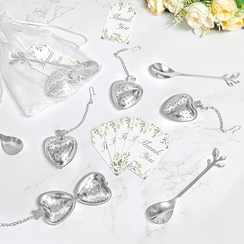 50 Sets Bridal Shower Tea Party Favor for Guests Leaf Tea Spoon Heart Tea Infuser for Loose Leaf Tea Steeper with Thank You Card Organza Bags for Wedding Decoration Gift Souvenirs (50, Silver) - Image 5