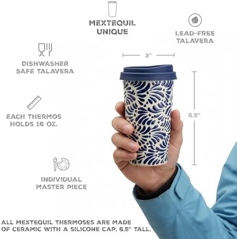 Handcrafted Talavera Ceramic Travel Mug with Silicone Lid, 16 oz, 6.5 Inch Tall, Mexican Embossed Pottery Coffee Tumbler – Artisan Texture & Relief Design (Puebla Cobalt) - Image 2