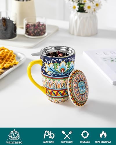 vancasso Ceramic Tea Mug with Infuser and Lid, 18 Ounce Bohemian Loose Leaf Cup, Microwave & Dishwasher Safe, Perfect for Tea, Coffee, Beige-Mustard Tribe - Image 3