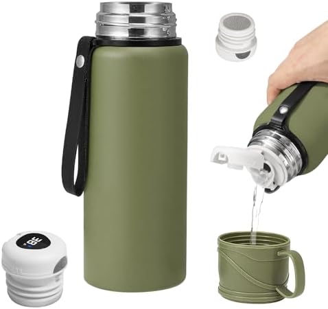 Double wall vacuum Leakproof stainless steel wide mouth insulated water bottle tea tumbler with cup,lid;smart thermoses hot coffee,thermal flask ice drinks with led digital temperature display by Unknown