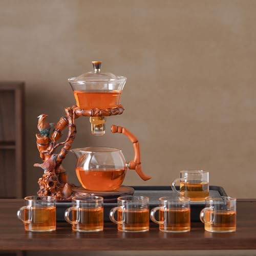 Zurucily Semi Automatic Teapot Set, Glass Teapot Set with Strainer Kungfu Tea Sets (bird-bamboo) - Image 5