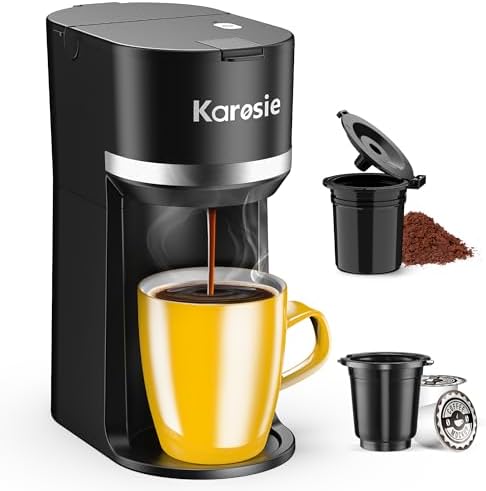 Single Serve Coffee Maker for Coffee Pods and Grounds,Fast Brew,6-12 oz Brew Sizes Single Cup Coffee Maker Fits 5.5" Mugs,One-Button Small Coffee Maker,Descaling Reminder,Black,9.45 Inches by Karosie