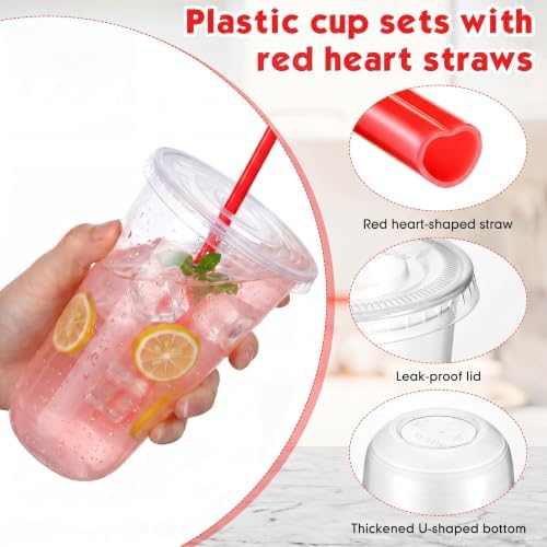 Ziliny 50 Sets 18 oz Clear Plastic Cups with Red Heart Straws and Lids - Image 4