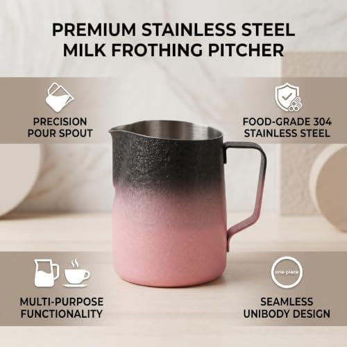 Coffee Milk Frothing Pitcher with Spout, 450ML Stainless Steel Espresso Steaming Pitcher, Milk Frother Steamer Cup Frothing Creamer Jug for Cappuccino Latte Art Coffee Machine (Gradient Pink) - Image 4