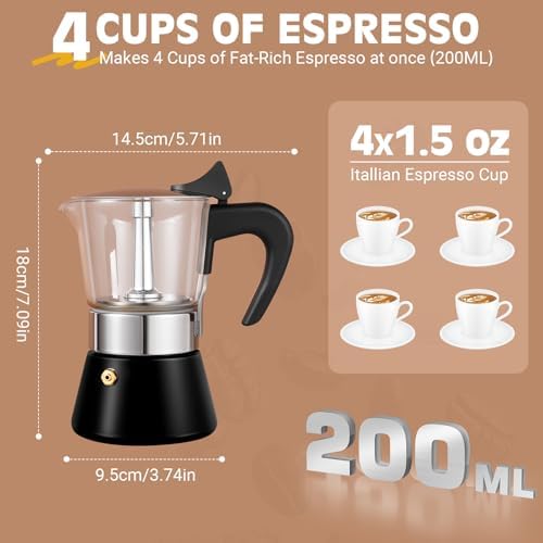 4 Cup 200ml Glass Moka Pot, Stovetop Espresso Maker, Black - Image 5
