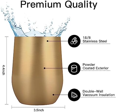 Lifecapido 12 Pack 12oz Stainless Steel Wine Tumblers, Insulated Wine Tumbler, Double Wall Insulated Wine Glass, Stainless Steel Stemless Wine Cups with Lids for Coffee, Wine, Champaign, Gold - Image 6