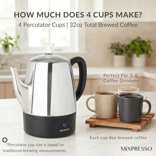 Mixpresso 4 Cup Small Electric Percolator Coffee Pot, Stainless Steel - Image 3