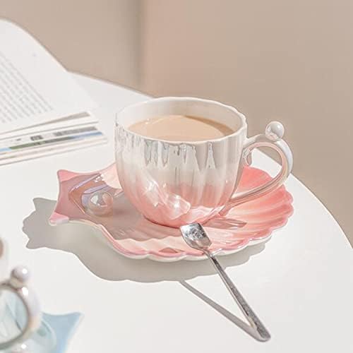 Pearl Shell Cup and Saucer - 8oz Gradient Ceramic Coffee Mug, Vintage Tea, Cappuccino, Latte Art for Birthday Gift (Gradient Pink) - Image 4