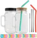 32 oz Wide Mouth Glass Drinking Jar with Handle | Iced Coffee Cup | Includes 2 Lids, 2 Silicone Straws, 2 Stainless Steel Straws, 20 Reusable Ice Cubes, Cleaning Brush & Recipe Book. by MagicJugs