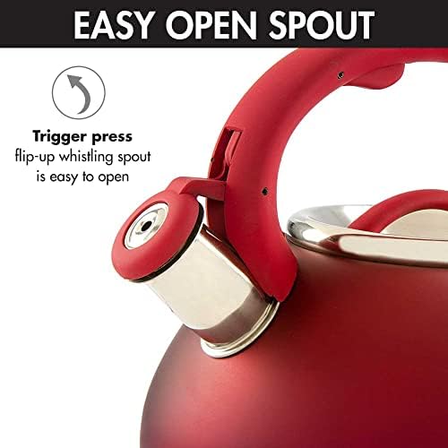 Primula Avalon Whistling Kettle - Whistling Spout, Locking Spout Cover, and Stay-Cool Handle - Stainless Steel - 2.5 Quarts - Matte Red (PAVRE-6225) - Image 4
