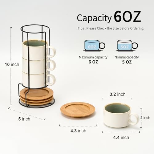 LUKA 6 Ounce Porcelain Stackable Espresso Cups with Saucers and Metal Stand Set of 4, Ceramic Cappuccino Cups Set for Specialty Coffee Drinks, Latte, Cafe Mocha and Tea, White Green Interior - Image 3