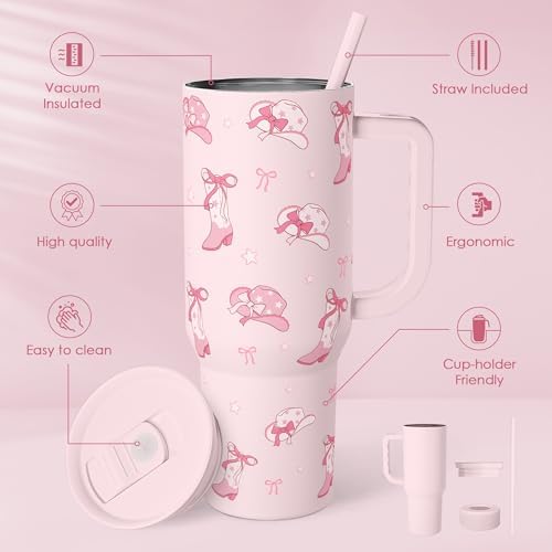 SANDJEST Cowgirl 40oz Slider Tumbler with Handle and Straw - Insulated Stainless Steel Travel Coffee Mug for Women Girls, Gift for Birthday, Christmas - Image 2