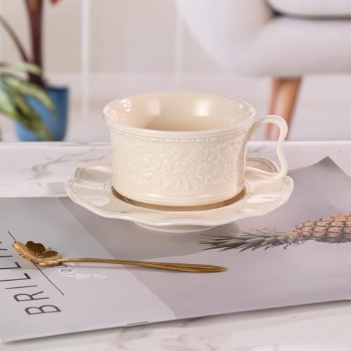 Tea Cups and Saucers Set of 2, 7oz Stackable Porcelain Coffee Cup, YFH1+2 - Image 5