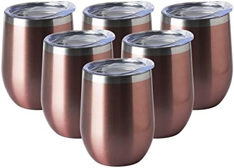 HASLE OUTFITTERS 12oz Wine Tumbler with Lid Stemless Wine Glasses Double Wall Vacuum Travel Mugs stainless steel Coffee Cup for Cold & Hot Drinks Wine Coffee Cocktails Beer 6 Pack Rose Gold by HASLEOUTFITTERS