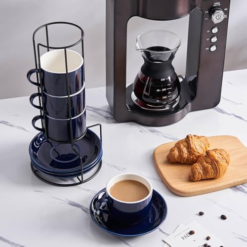 YOLIFE 8 Ounce Porcelain Stackable Cappuccino Cups and Saucers Set of 4 - Image 6