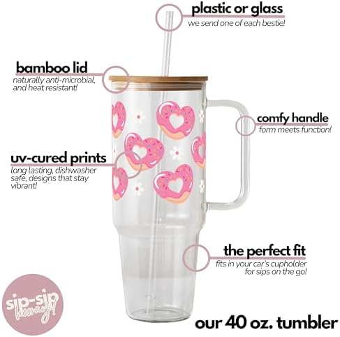 Sip-Sip Hooray! Heart Donut 40oz Glass Tumbler with Lid and Straw - Image 4