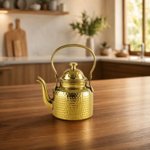 Hammered Brass Tea Kettle 600 ml with Lid, Spout and Traditional Handle by IBAIndianbeautifulart