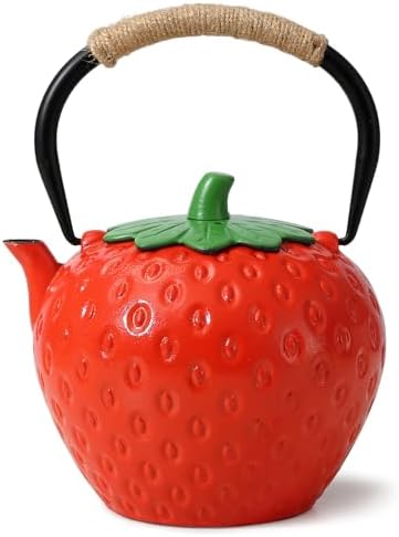 VICSKY Strawberry Cast Iron Teapot (Red) - Japanese Tetsubin Tea Kettle 50oz/1500ml | Enameled Interior & Extended Infuser for Loose Leaf and Tea Bags | Stovetop Safe | Cute Sweet Holiday by VICSKY