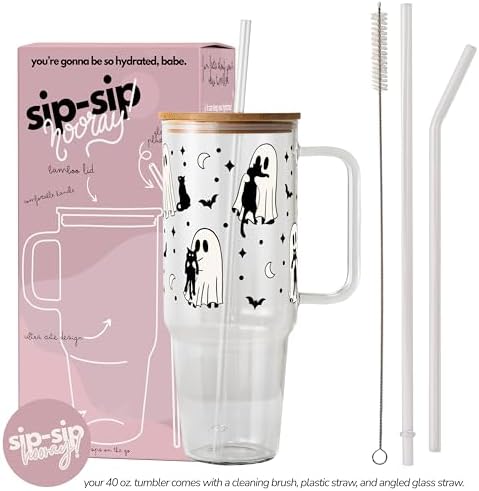 Sip-Sip Hooray! Ghost Holding Cats Halloween 40oz Glass Tumbler with Lid - Image 4
