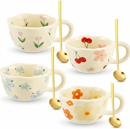 Vesici 4 Pack Ceramic Flower Coffee Mug with Spoon 8.5 oz Cute Tea Cup by Vesici