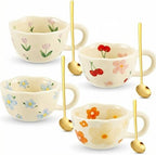 Vesici 4 Pack Ceramic Flower Coffee Mug with Spoon 8.5 oz Cute Tea Cup by Vesici