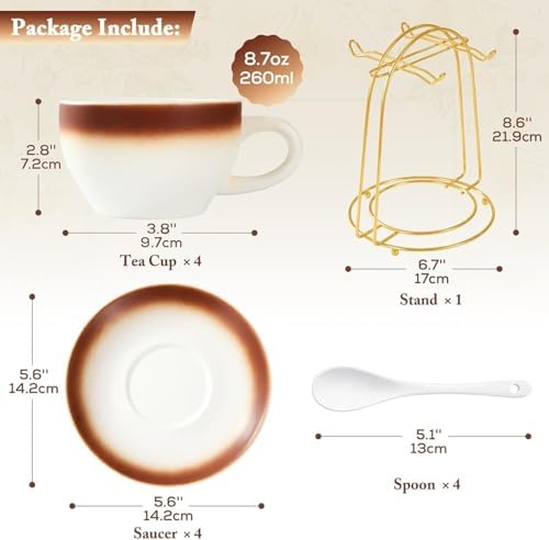 DUJUST Cappuccino Cups Set of 4 (8oz), Ceramic Cappuccino Mugs with Saucers, Spoons & Metal Stand, Latte Cup Set for Latte, Espresso & Americano, Gift Package - Image 5