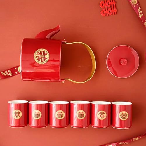 Wedding Tea Set, Chinese Traditional Wedding Decoration Double Happiness Porcelain Red Wedding Tea Set, Kung Fu Tea Set, Handmade Porcelain Ceramic 1 Tea Pot 6 Tea Cups 1 Gift box For Married Couples - Image 4