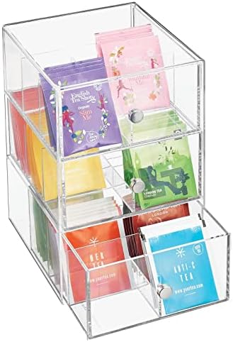 mDesign Plastic Wide Kitchen Pantry, Cabinet, Countertop Organizer Storage Station with 3 Drawers for Coffee, Tea, Sugar Packets, Sweeteners, Creamers, Drink Pods, Packets; 18 Sections - Clear by mDesign