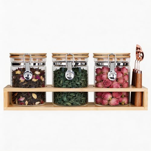 KKC HOME ACCENTS Glass Canisters Set with Bamboo Rack & Spoons, 27oz 3 Pack by KKCHOMEACCENTSGmbH
